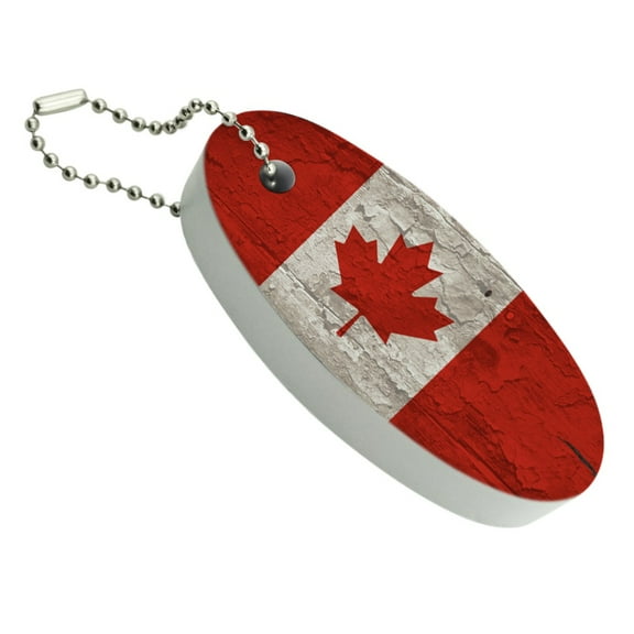 Rustic Distressed Canada Flag on Wood Floating Keychain Oval Foam Fishing Boat Buoy Key Float