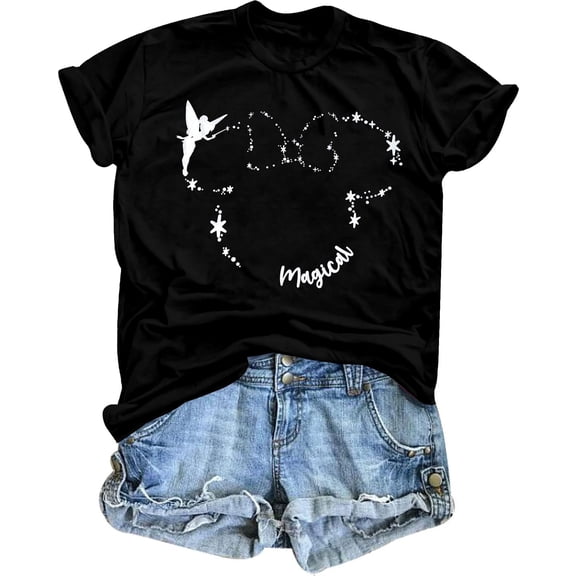 MOUSYA Magical Shirt for Women Believe in Magic Shirts Cute Graphic Printed Tee Family Vacation Short Sleeve Tee Tops