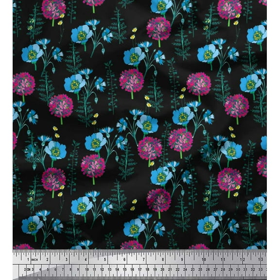 Soimoi Black Cotton Duck Fabric Leaves,Buttercup & Peony Floral Print Fabric by the Yard 42 Inch Wide