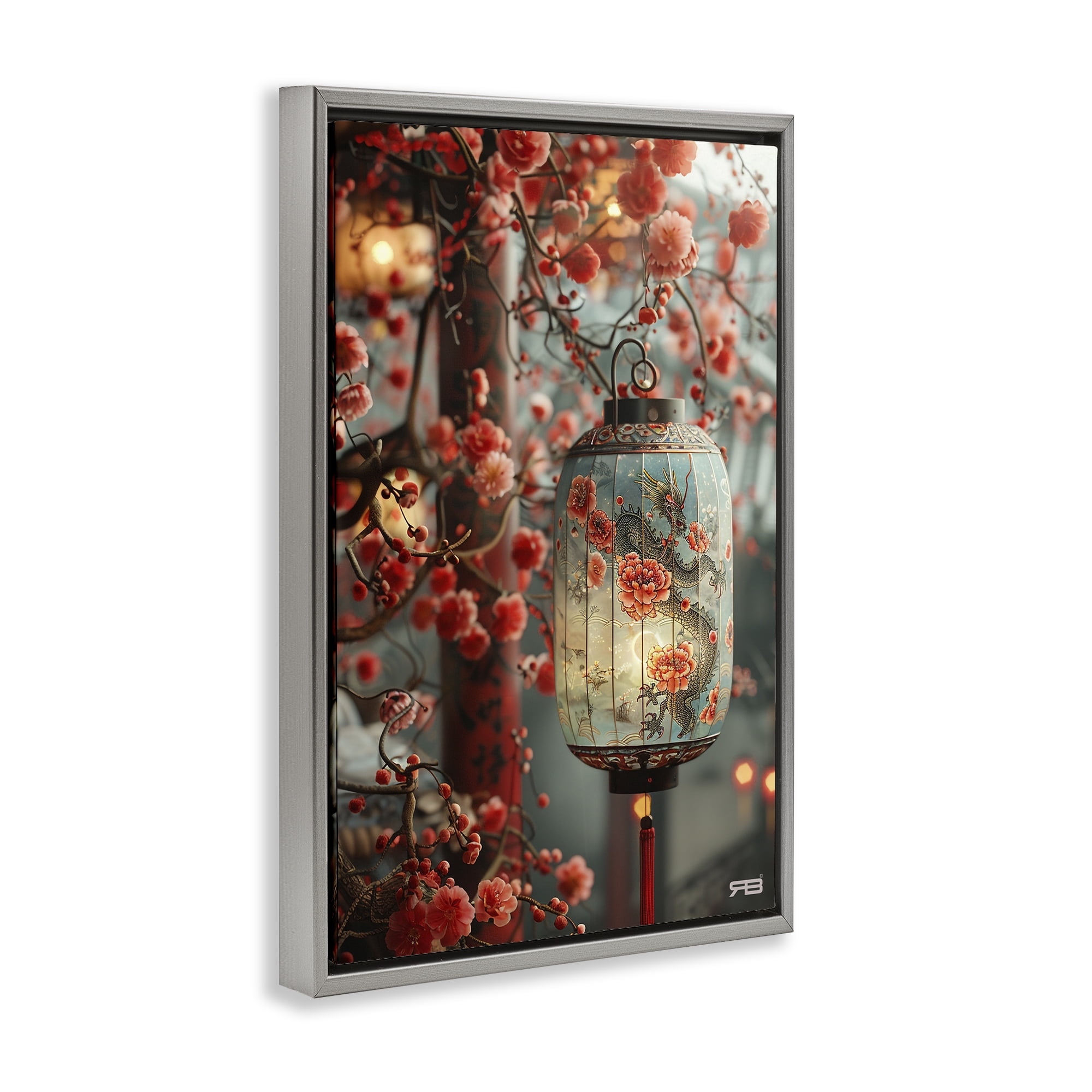 Stupell Industries Florals with Asian Motif Botanical & Floral Painting Gray Floater Framed Art Print Wall Art, 17 x 25