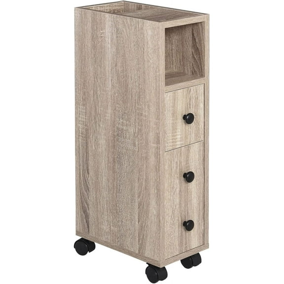 CHAUKY Freestanding Compact Design Bathroom Cabinet with 2 Open Cabinets, 1 Door Cabinet, 1 Drawer and 4 Rolling Wheels, Oak Grain Color