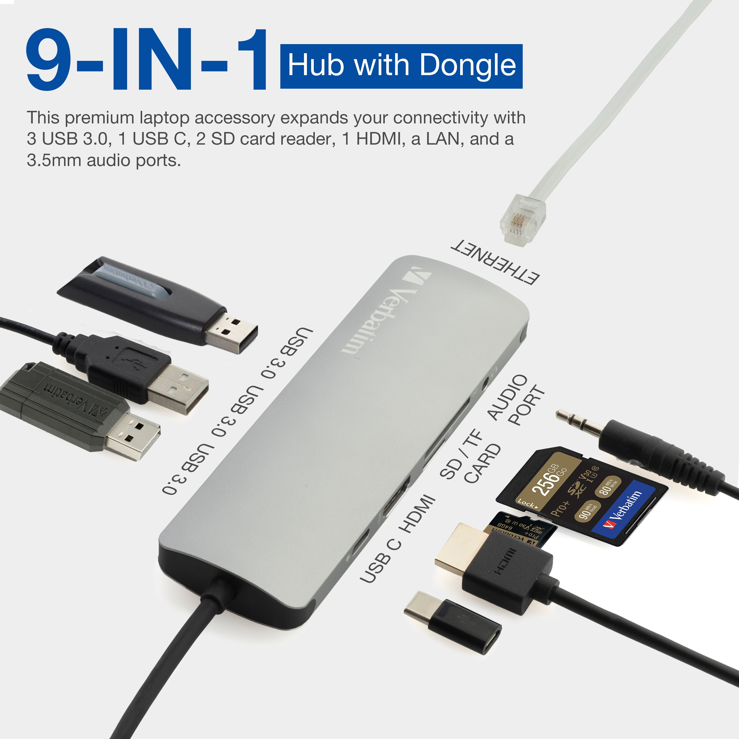 Verbatim 9-in-1 USB-C Hub with 4K HDMI, Power Delivery, USB 3.0, SD Card Reader & Gigabit Ethernet Port