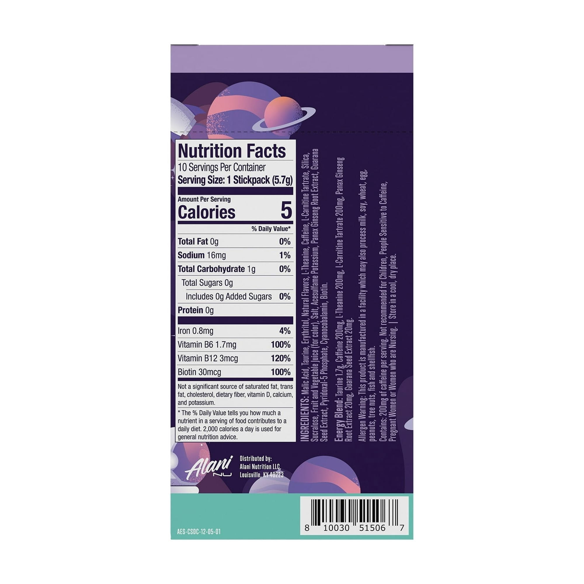 Alani Nu Energy Sticks, Cosmic Stardust, 10 Count, 200mg Caffeine, Zero Sugar - pack of 2