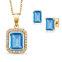 Gem Stone King 18K Yellow Gold Plated Silver Swiss Blue Topaz Pendant and Earrings Jewelry Set for Women (4.26 Cttw, Emerald Cut 9X7MM and 6X4MM, Gemstone November Birthstone, with 18 inch Chain)