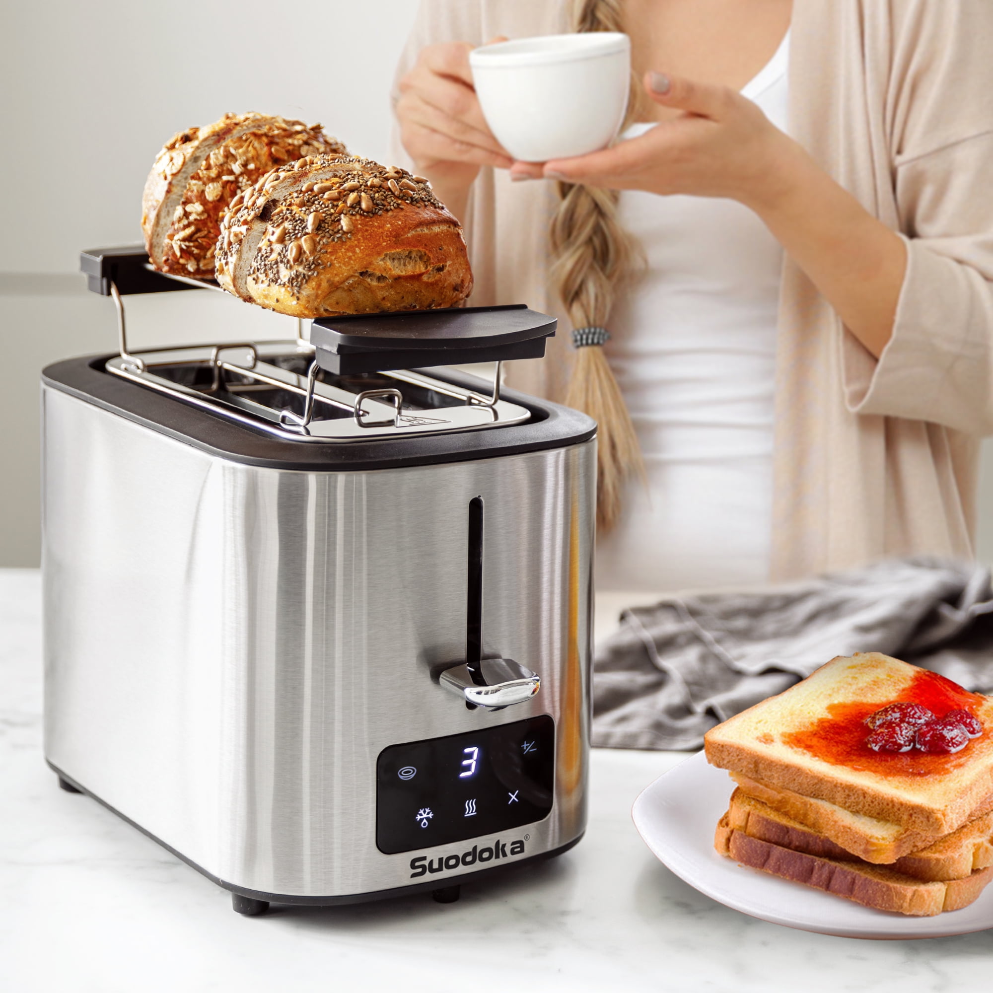 Suodoka Toaster 2 Slice Wide Slots, Touchscreen 6 Shade Settings,Bagel Defrost Reheat Cancel New