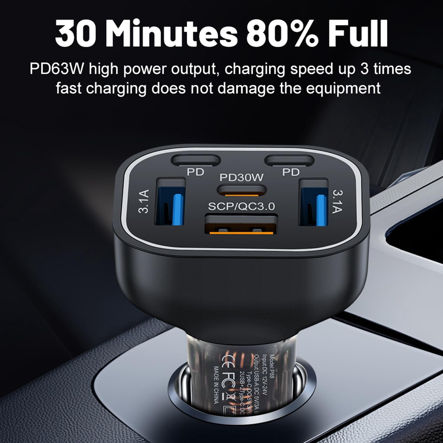 Multi port 6 Ports USB C Car Charger 12v 24v Cigarette Lighter Charger Adapter With PD30W Fast Charge Compatible with Iphone 16 15 14 13 12 11 Pro max Plus Samsung Huawei Xiaomi and more Android