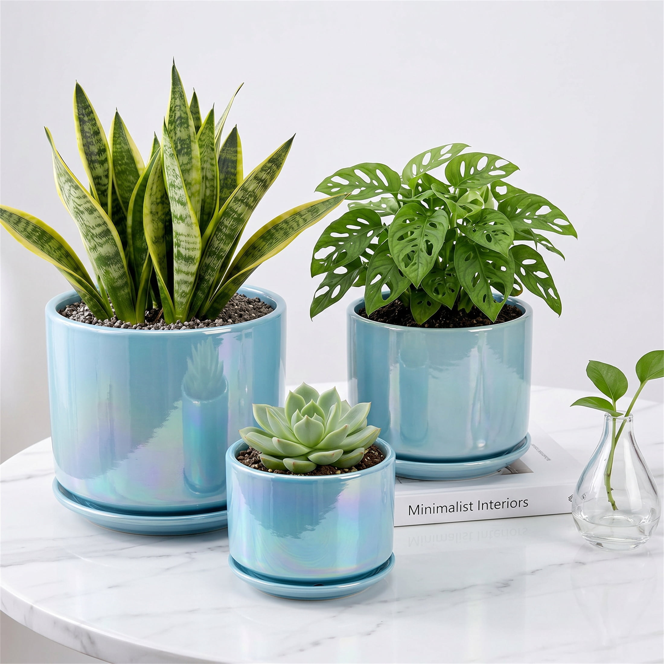 BUYMAX  Plant Pots, 4+5+6 Inch Pots for Indoor Plants,Ceramic Planter Pot with Drainage Hole,Flower Pots for Succulent Cactus,Set of 3 - Rainbow Pearl Glaze Blue