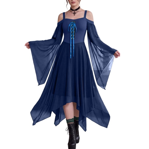Domzest Womens Witch Dress Halloween Renaissance Gothic Costumes Cold Shoulder Butterfly Sleeve Mesh Asymmetrical Hem Gothic Outfit Navy 2XL
