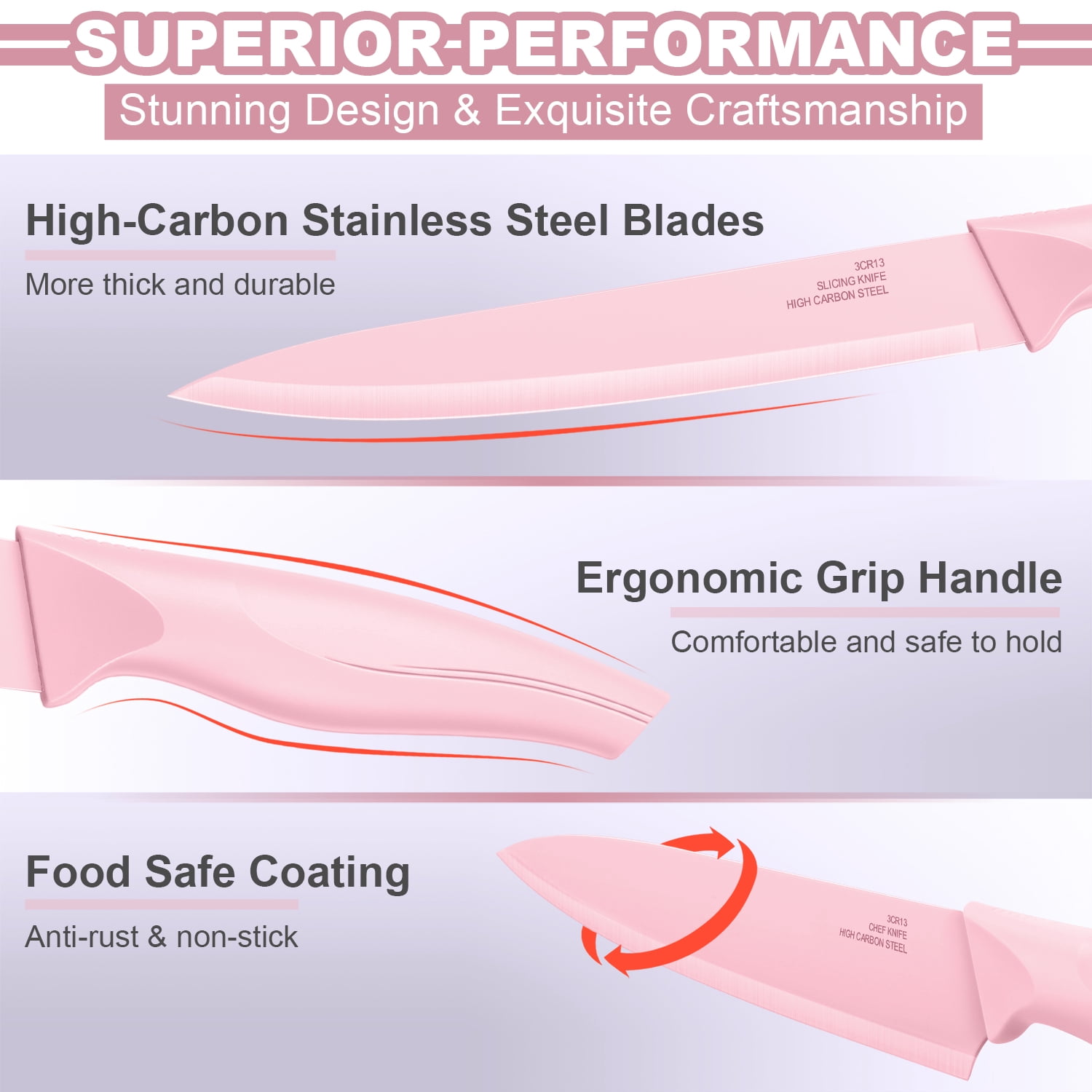 Vesteel Knife Set for Kitchen with Block, 15 Pcs High Carbon Stainless Steel Kitchen Knives Set with Sharpener Kitchen Shears - Pink