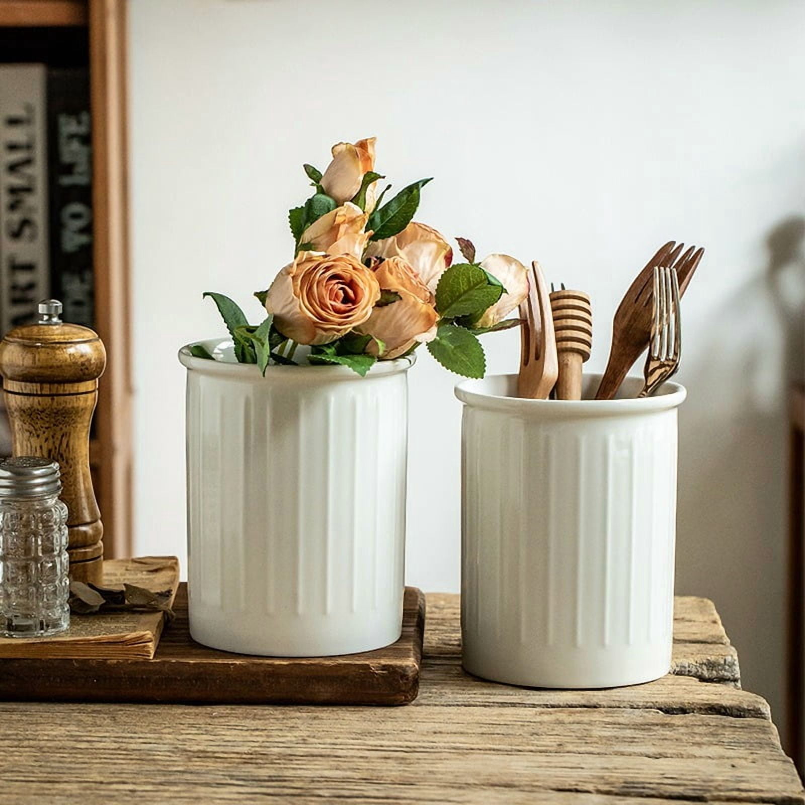 Ceramic Utensil Holder for Kitchen Counter – Large White Utensil Crock for Spoons, Forks & Cooking Tools, Modern Farmhouse Countertop Organizer