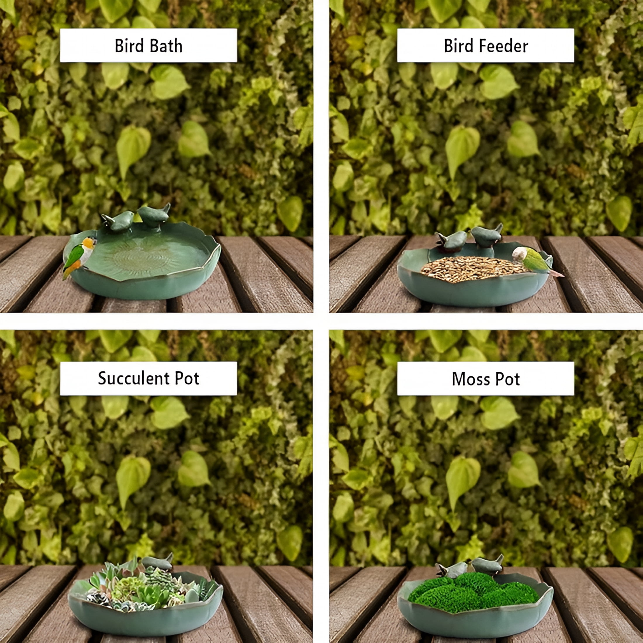 ACDANC Light Green Ceramic Heavy Duty Wild Bird Bath Bowl or Feeder for Outdoor Garden, Bowl Only 24x24cm, Brown