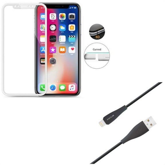 iPhone XS/X - Tempered Glass Screen Protector w Charger Cord 10ft USB Cable - 5D Touch Curved Edge Full Cover Bubble Free Case Friendly 9H Hardness, Power Wire Long Sync Fast Charge Data
