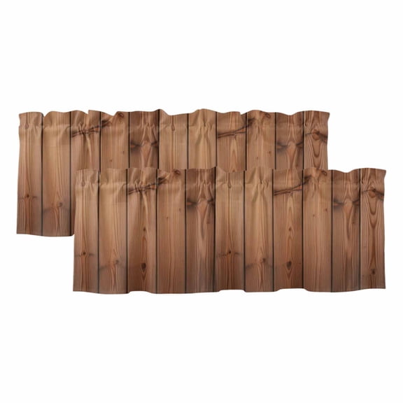 Brown Wooden Grain Curtain Valances for Windows, Kitchen Valance Window Treatments Panel 2 Pack, Farmhouse Country Vintage Texture Rod Pocket Short Curtains for Bathroom Bedroom 60 x 18 Inch