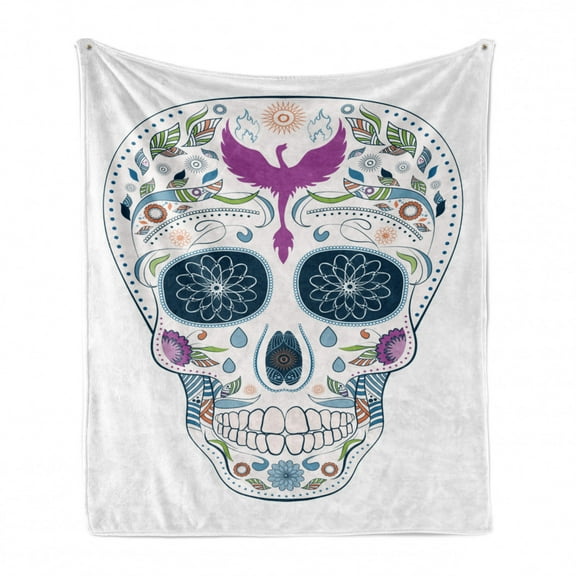 Sugar Skull Soft Flannel Fleece Throw Blanket, Traditional Mexican Skull Ornamented with Abstract Leaves and Phoenix Bird, Cozy Plush for Indoor and Outdoor Use, 50" x 60", Multicolor, by Ambesonne