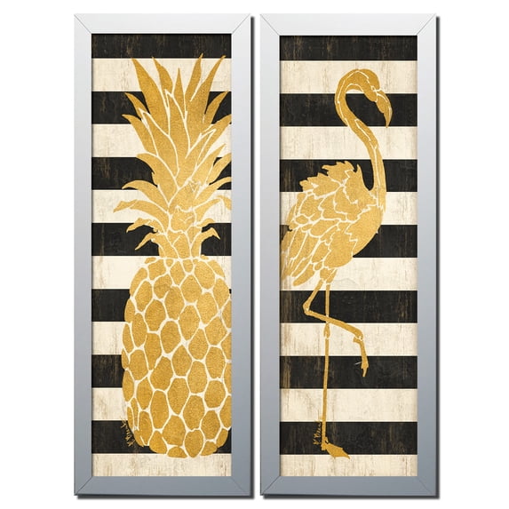 Tropical Black and Gold Striped Flamingo and Pineapple Set; Two 6x18in White Framed Prints