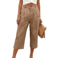 thumbnail image 5 of Breathable Linen Capri Pants for Women Wide Leg Pleated Front High Waisted Trousers Button Fly with Pockets Casual Summer Elegant Slacks, #01 Camel, L, 5 of 5