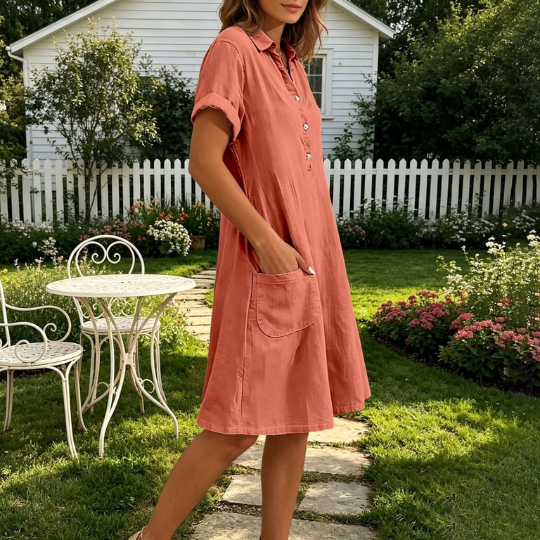 Cotton Linen Dresses for Women Casual V Neck Short Sleeve Midi Dress Flowy Casual Beach Midi Dresses with Pockets (Orange S)
