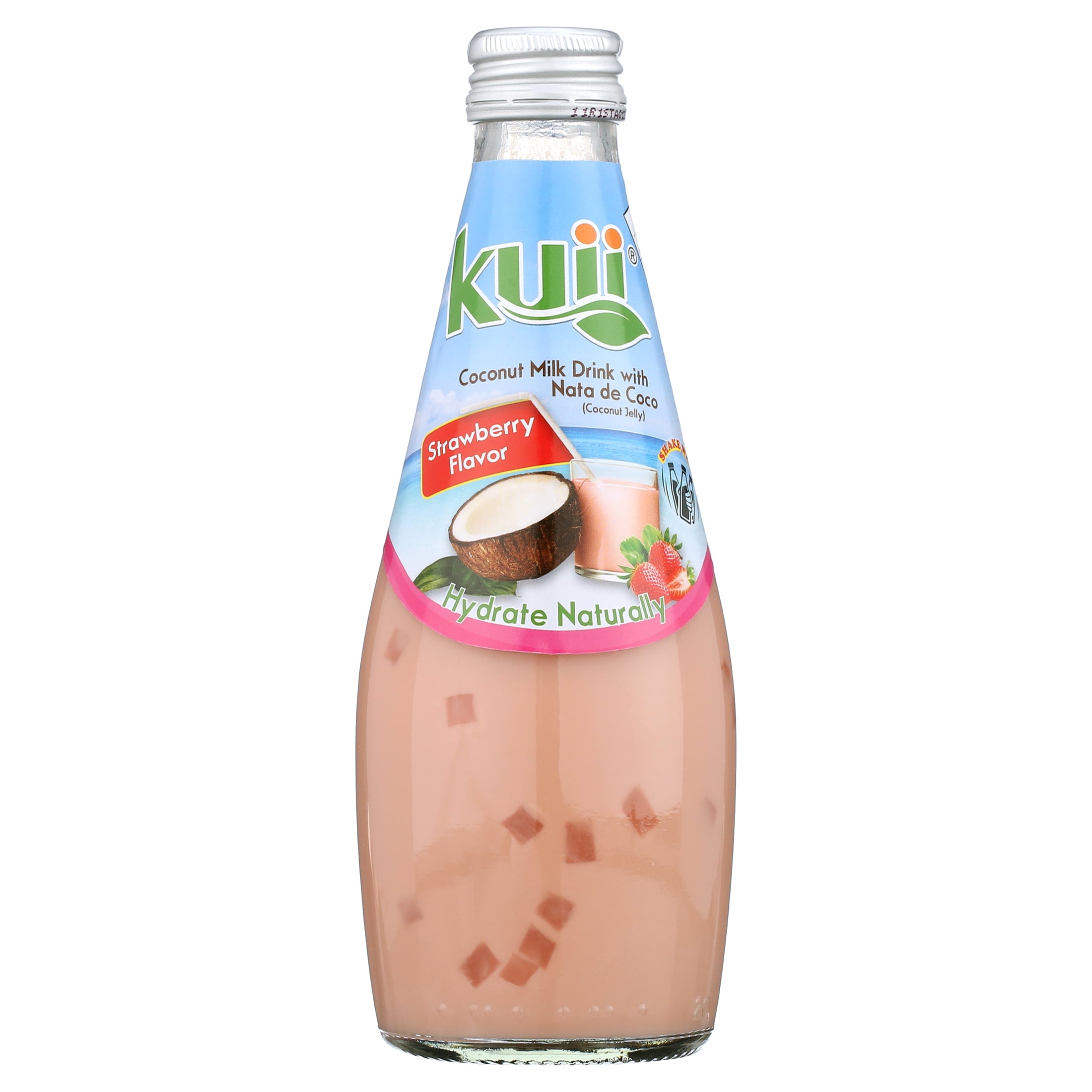 (6 pack) Kuii Drinks Coconut Milk with Nata de Coco, Strawberry, 290 mL Single Glass Bottle