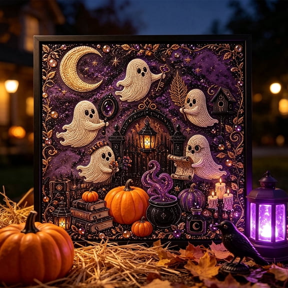 Halloween Pearl Art DIY Kit, Crystal Pearl 3D Diamond Painting Craft Kit, DIY Mosaic Wall Art for Halloween Home Decor, Framed Fall Seasonal Decoration for Adults
