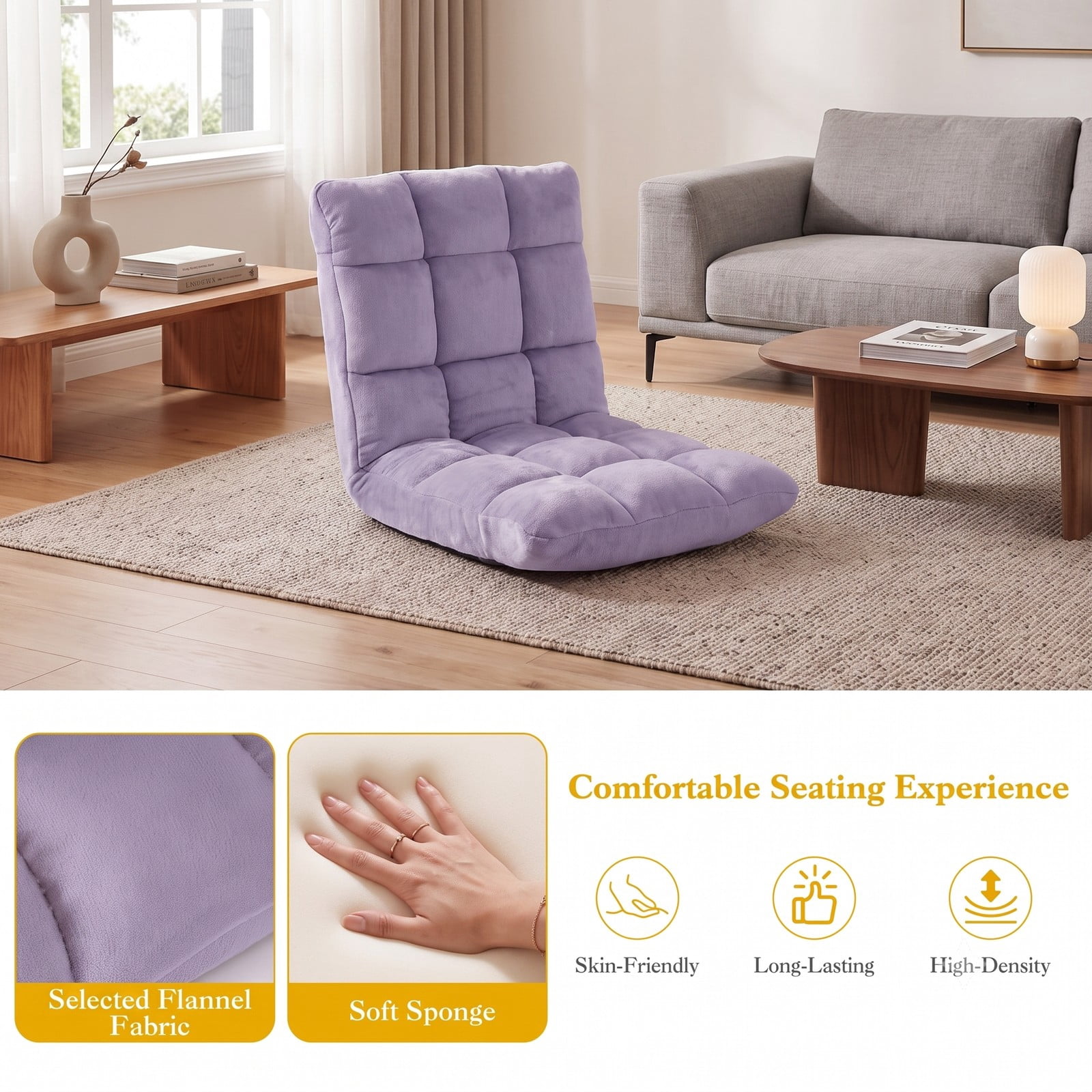 Furnibear 14-Position Adjustable Floor Chair, Padded Folding Lazy Sofa Gaming Chair with Cushioned Back Support for Living Room Bedroom Reading Meditation, Light Purple