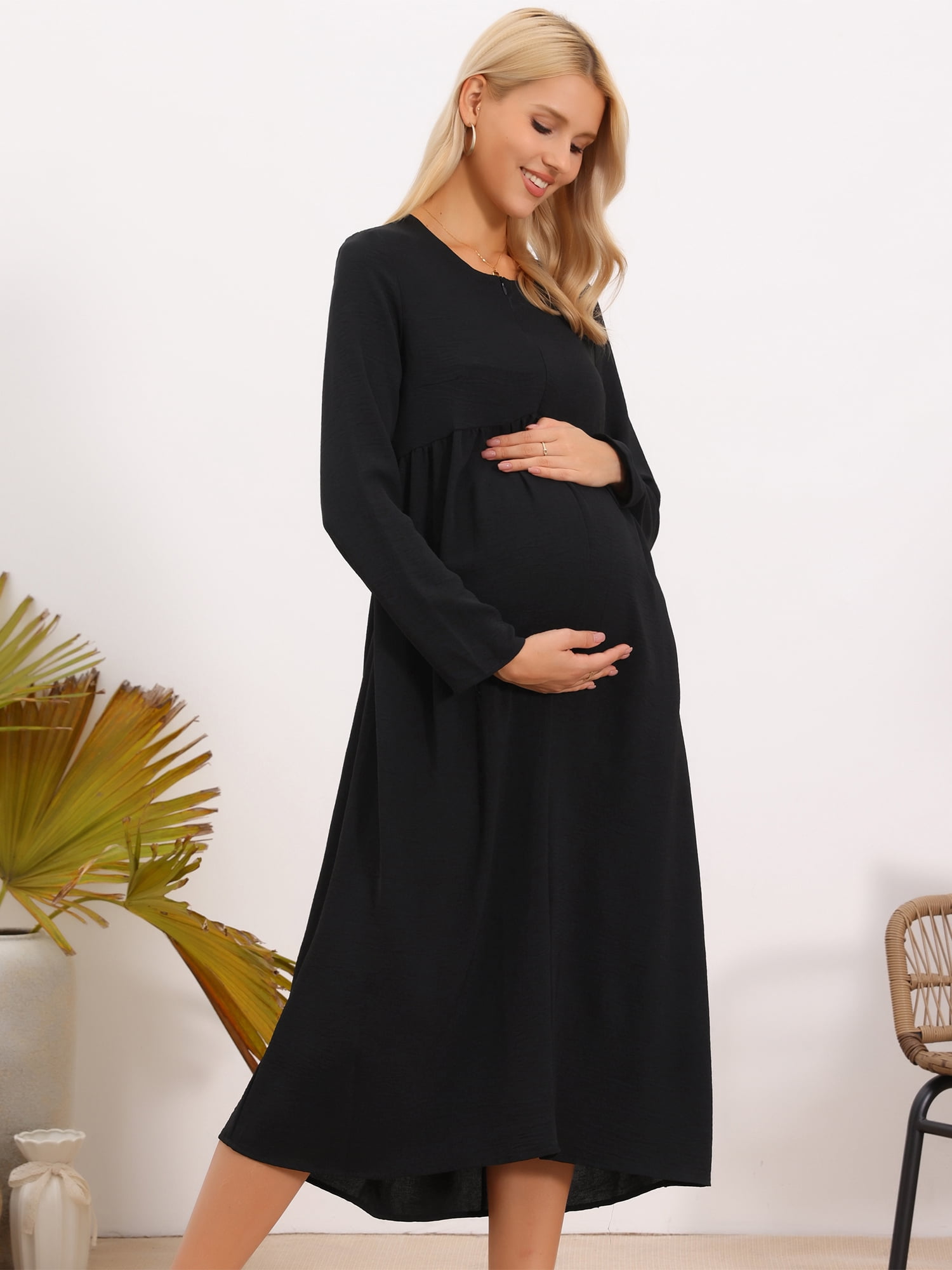 DARING DIVA Women's Maternity Nursing Dress Long Sleeve Midi Round Neck Pleated S Black