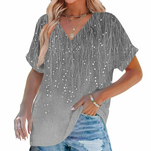 Vekome Summer Tops for Women Short Sleeve Plus Size Shirts V Neck Casual Tee Shirts Print Pullover Tops Gray M