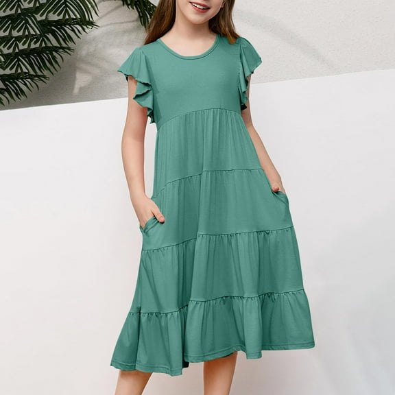 Lilgiuy Little Girl's Summer Dresses Cute Solid Color Ruffle Sleeve Tiered Soft A-Line Trendy Midi Casual Sundress with Pockets for Birthday Party School(Green,8-9 Years）