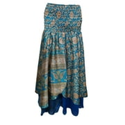 Mogul Womens Sexy Dress Blue Strapless Silk Sari Smocked Bodice Vintage Long Skirts