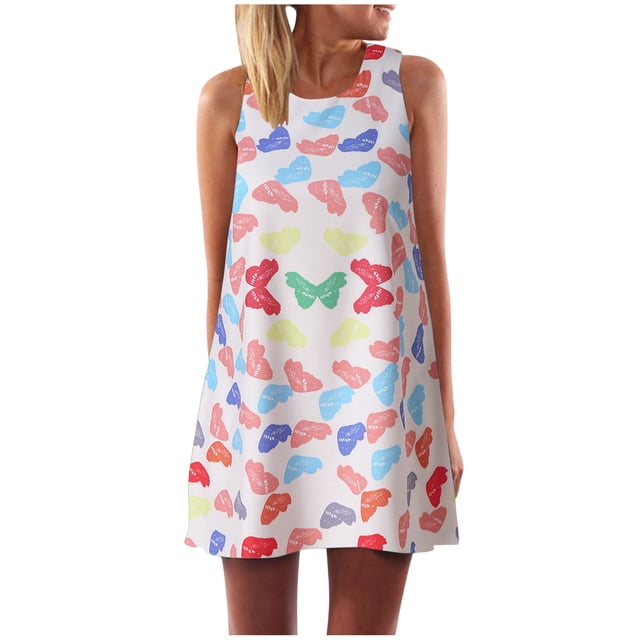 WILLBEST Vestidos de Verano para Mujer Vintage Boho Verano sin Mangas Playa Estampado Mini Vestido Corto Chica