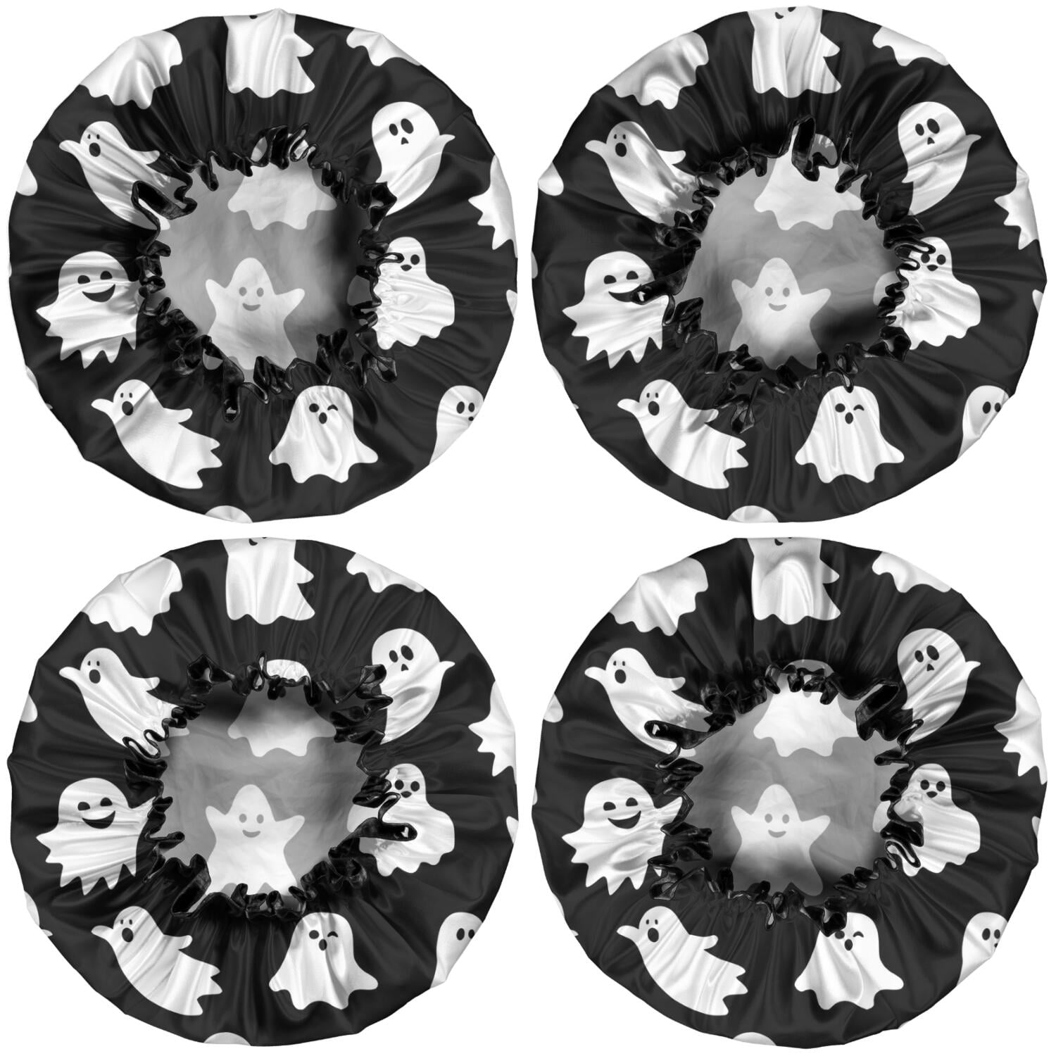 Shower Caps,Black Halloween Ghosts Waterproof Shower Cap for Women 4 Pieces,Double Reusable Hair Cover for Shower PEVA Elastic Stretch Hem