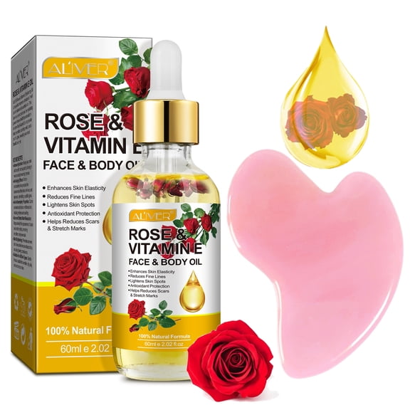 ALIVER Vitamin E Rose Oil 2 oz with Gua Sha Massage Tools, Organic Moisturizing and Hydrating Anti Aging Rose Essential Oil