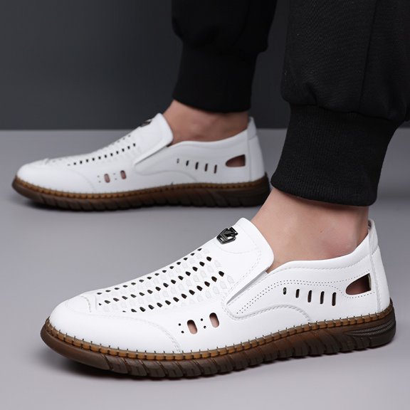 Men's White Perforated Hollow Slip On Leather Loafers, Rubber Sole Breathable Non-Slip Casual Driving Walking Shoes, Wide Toe Summer Office Footwear