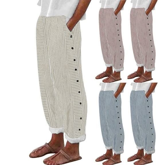 Dazajoo Summer Pants Sale Womens Summer Stripe Linen Pants Casual Side Button Elastic Waisted Lightweight Loose Trousers with Pockets,Light Blue,L