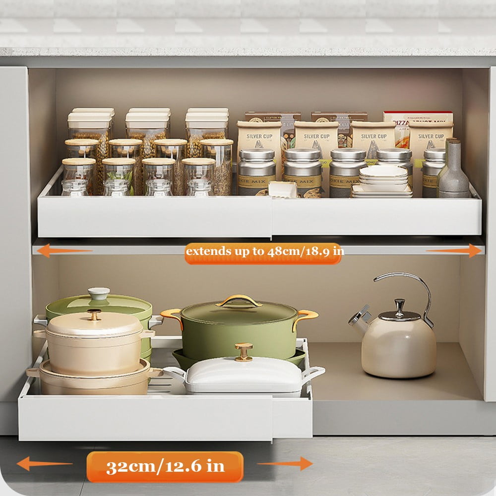 COSTYLE Pull Out Cabinet Organizer, Expandable Heavy Duty Slide Out Drawers Fixed with Adhesive, Roll Out Shelf Storage for Kitchen Base Cabinet Organization, Pantry, Bathroom