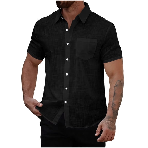 Linen Button Down Short Sleeve Shirts Mens Lightweight Beach Tops Solid Color Casual Business Blouses (XL, Black)