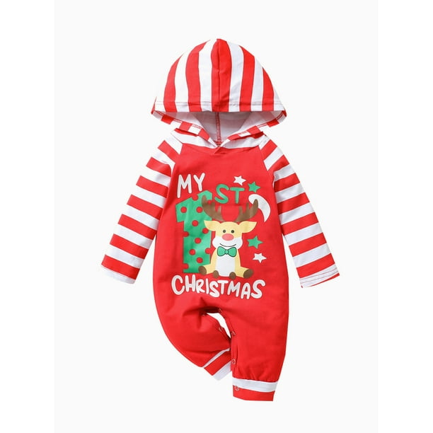 Newborn Infant Baby boy Girl My 1st Christmas Hooded Romper Clothes Outfit Long Sleeve Romper