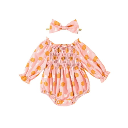 

Woshilaocai Girl Halloween Romper Pumpkin Print Long Sleeve Jumpsuit Headband