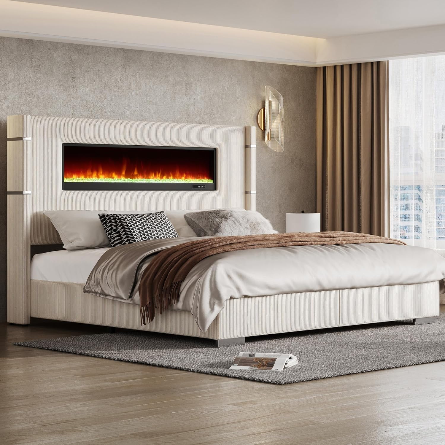 Merluxy Modern 60.4" H King Size Bed Frame with Fireplace and Tall Headboard, Cream Wingback Platform