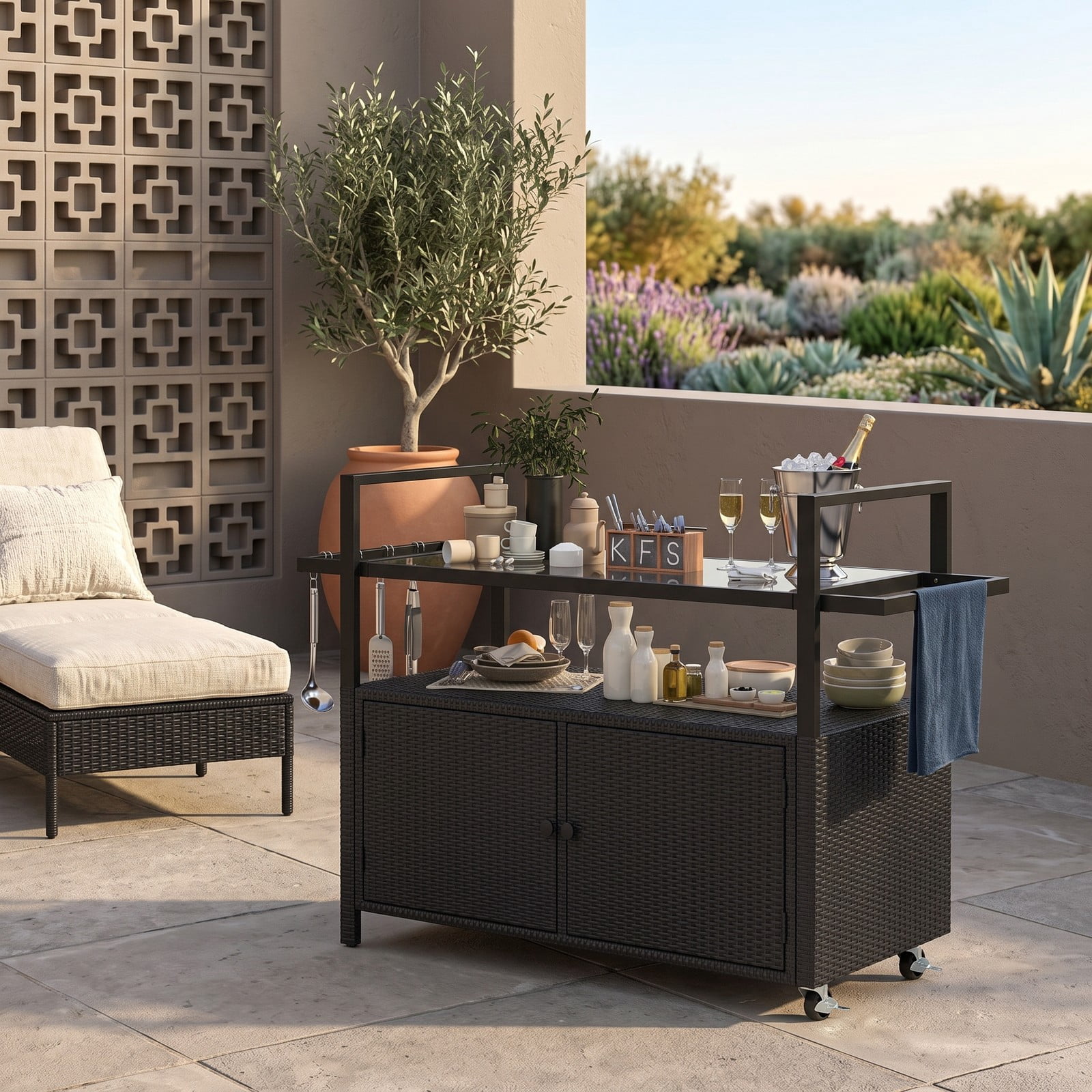 Furnibear Outdoor Bar Cart, Wicker Buffet Serving Cart with Tempered Glass Top, 2-Door Cabinet, Open Shelf and 8 Removable Hooks, Rolling PE Rattan Kitchen, Black