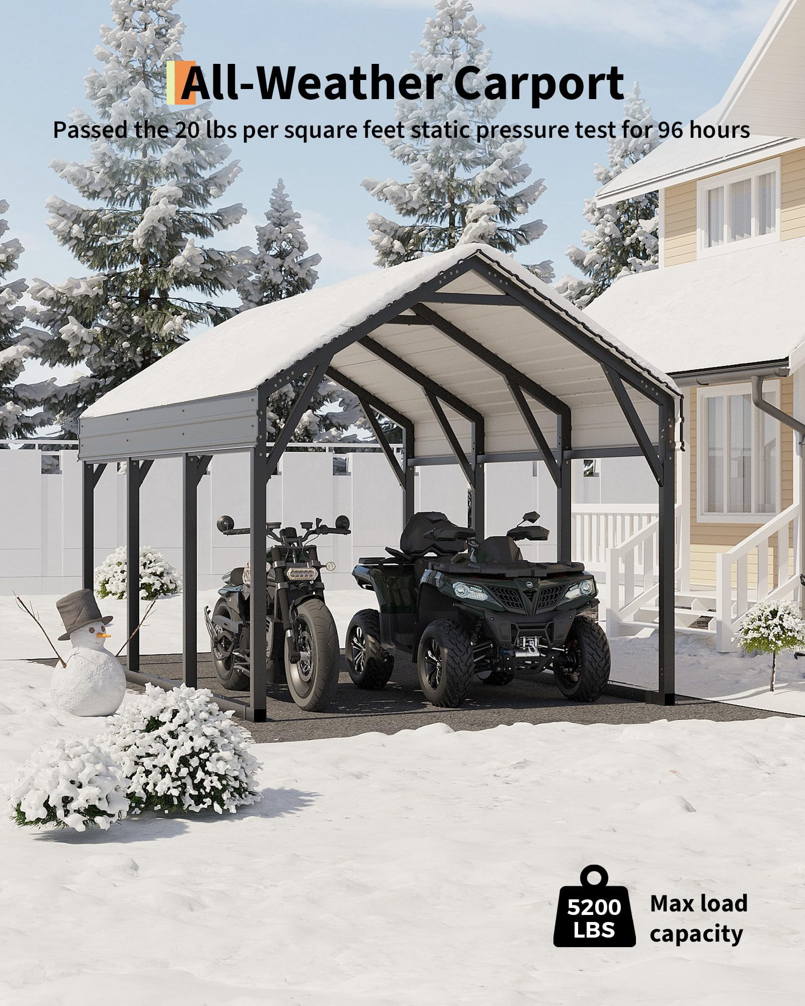 12x13 ft Metal Carport Shed, Reinforced Frame and Steel Roof for All-Weather Use, Permanent Shelter for Cars, Motorcycles, ATVs, or Boats