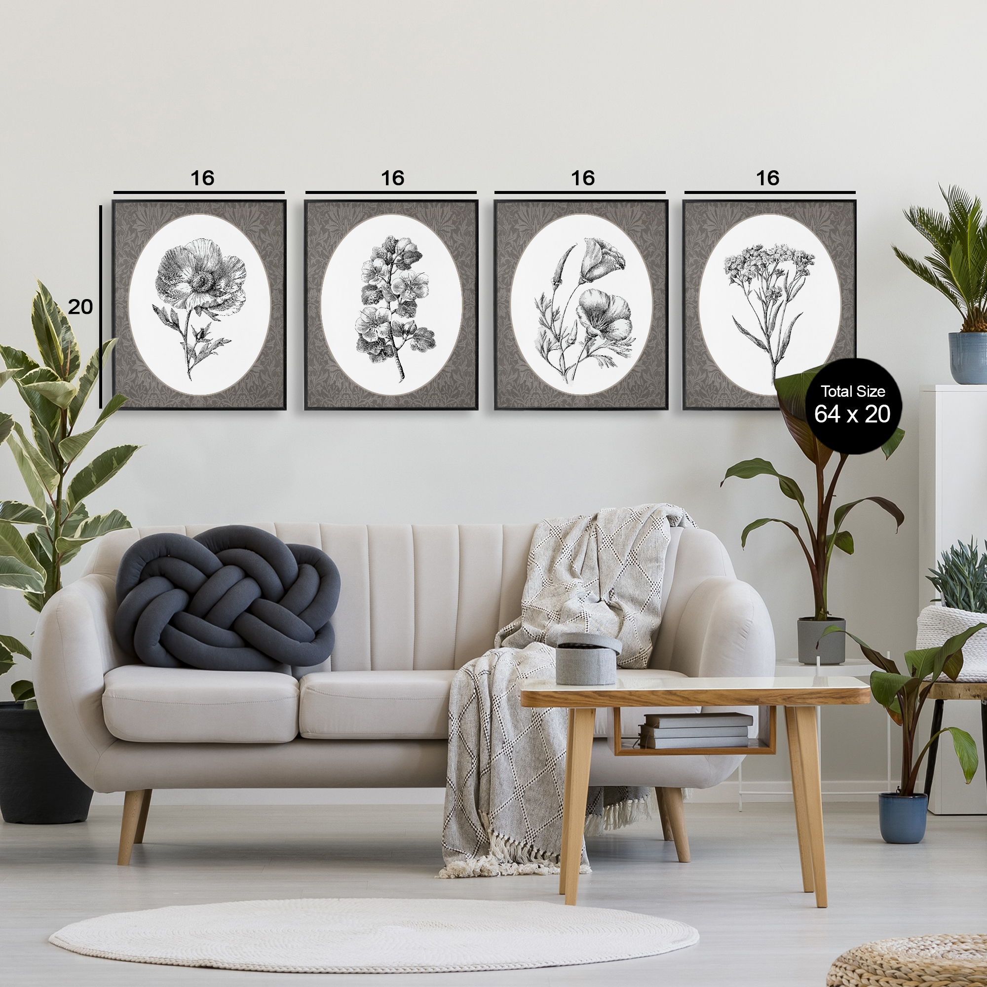 Ornate Blooms over Damask 4 Piece Black Framed Giclee Art Set, design by Lettered and Lined