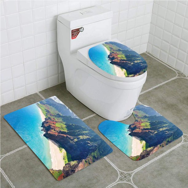 ABPHQTO Costa hawaiana de Na Pali en la isla de Kauai en Hawai en un día soleado junto al mar Juego de alfombras de baño de 3 piezas Alfombra de baño Alfombra de contorno y tapa de inodoro