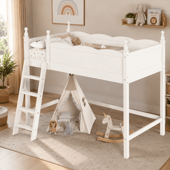 Miniyam Twin Loft Bed for Kids with Guardrails and Ladder, Solid Wood Space Saving Bed Frame, White