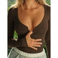 thumbnail image 5 of Women'S Casual Basic Long Sleeve Round Neck Slim Fitting Ribbed Knit Tops Coffee M, 5 of 9