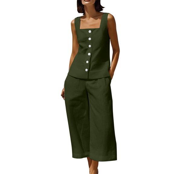 Guluxicc 2 Piece Womens Outfit Sets Square Neck Sleeveless Button Front Top High Waist Cropped Wide Leg Pants Outfits with Pockets for Summer Casual Wear