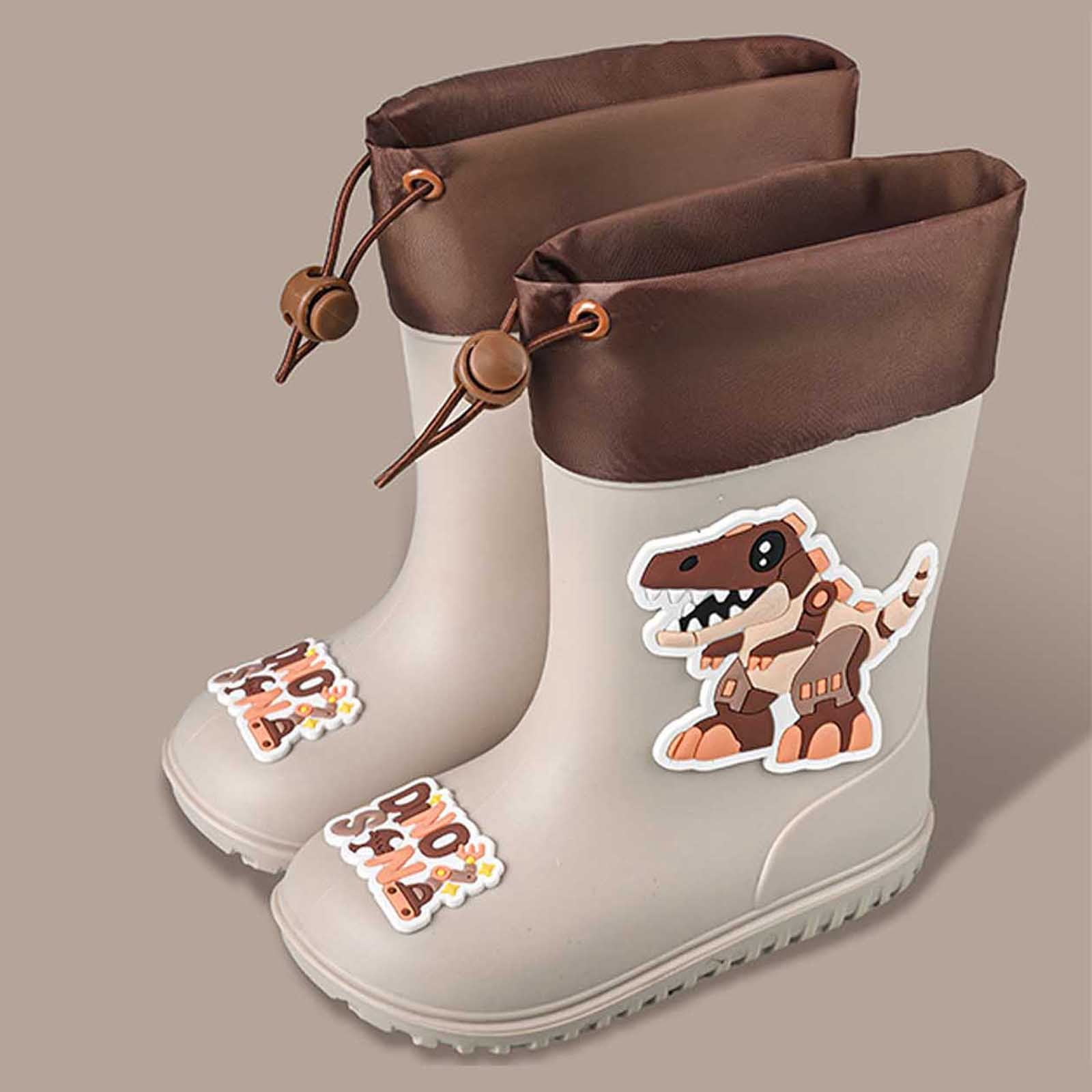 Wuxian Toddler Rain Boots Lightweight Anti- Cute Cartoon Dinosaur Pattern Rain Booties Waterproof Soft Sole Easy Put On Drawstring Rainy Footwear,Beige,9-9.5T