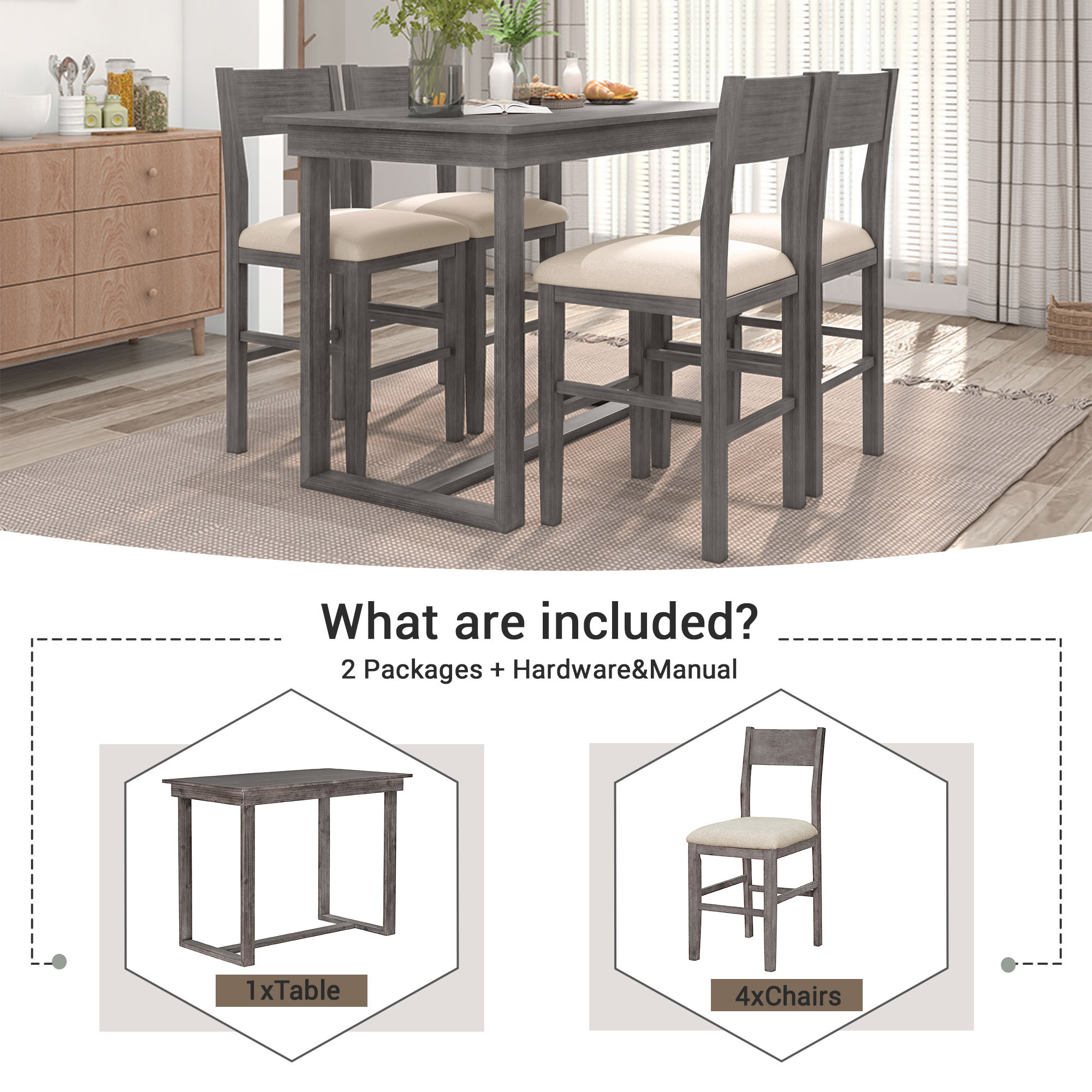 EUROCO 5-Piece Solid Wood Counter Height Dining Table Set for 4,47.2" Dining Room Set with One Rectangular Table and 4 Fabric Chairs,Rectangle Dining Table Set for 4