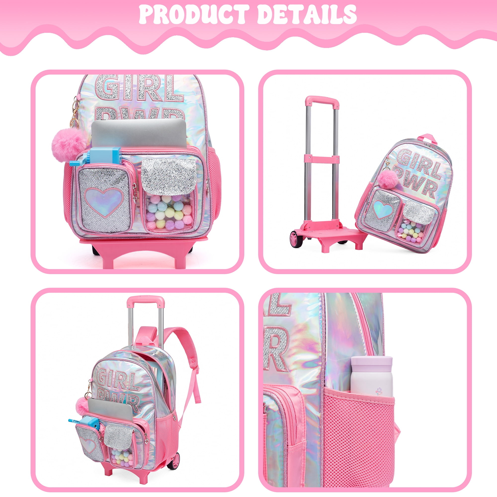 Sequin Kids Rolling Backpack with Wheels Roller School Girls Bookbag with Lunch Box Carry on Suitcase for Ages 6-12