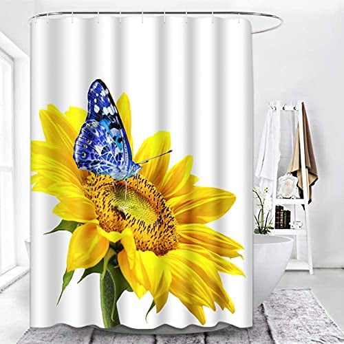Creative Sunflower and Yellow Butterflies Shower Curtain Set Bathroom Decor 72" 