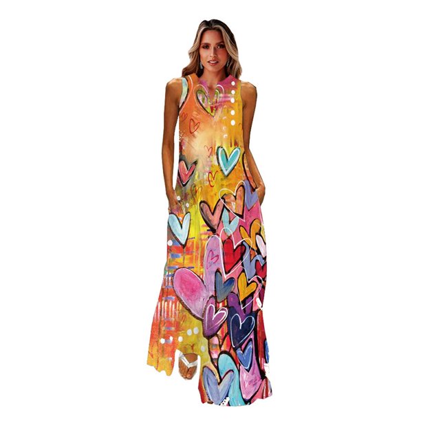 MOVOKAKA Ladies Spring Summer Long Dress Women Sleeveless V-neck Loose Elegant Dresses Party Printing Vintage Beach Dress FemaleS Gao Jinjia LED